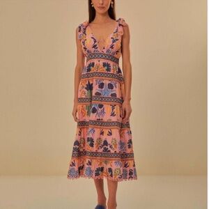 FARM Rio Peach Floral Embroidered Tiered Midi Dress with Blue & Green Accents
